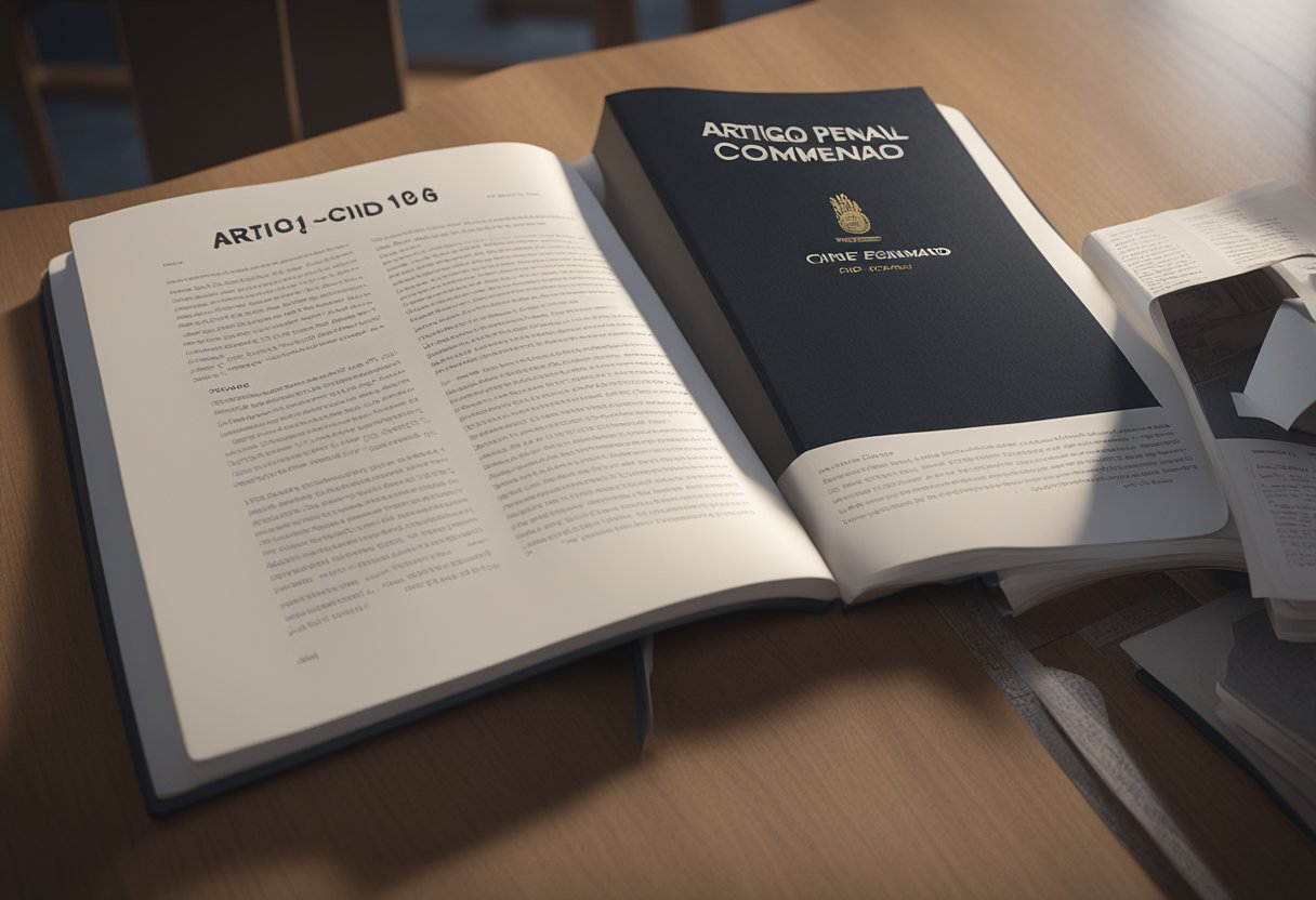 The scene shows a book open to a page with the title "Artigo 18 Código Penal Comentado: Crime" prominently displayed